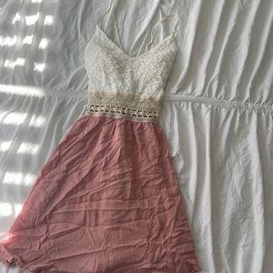 Lace detail pink and white mini dress